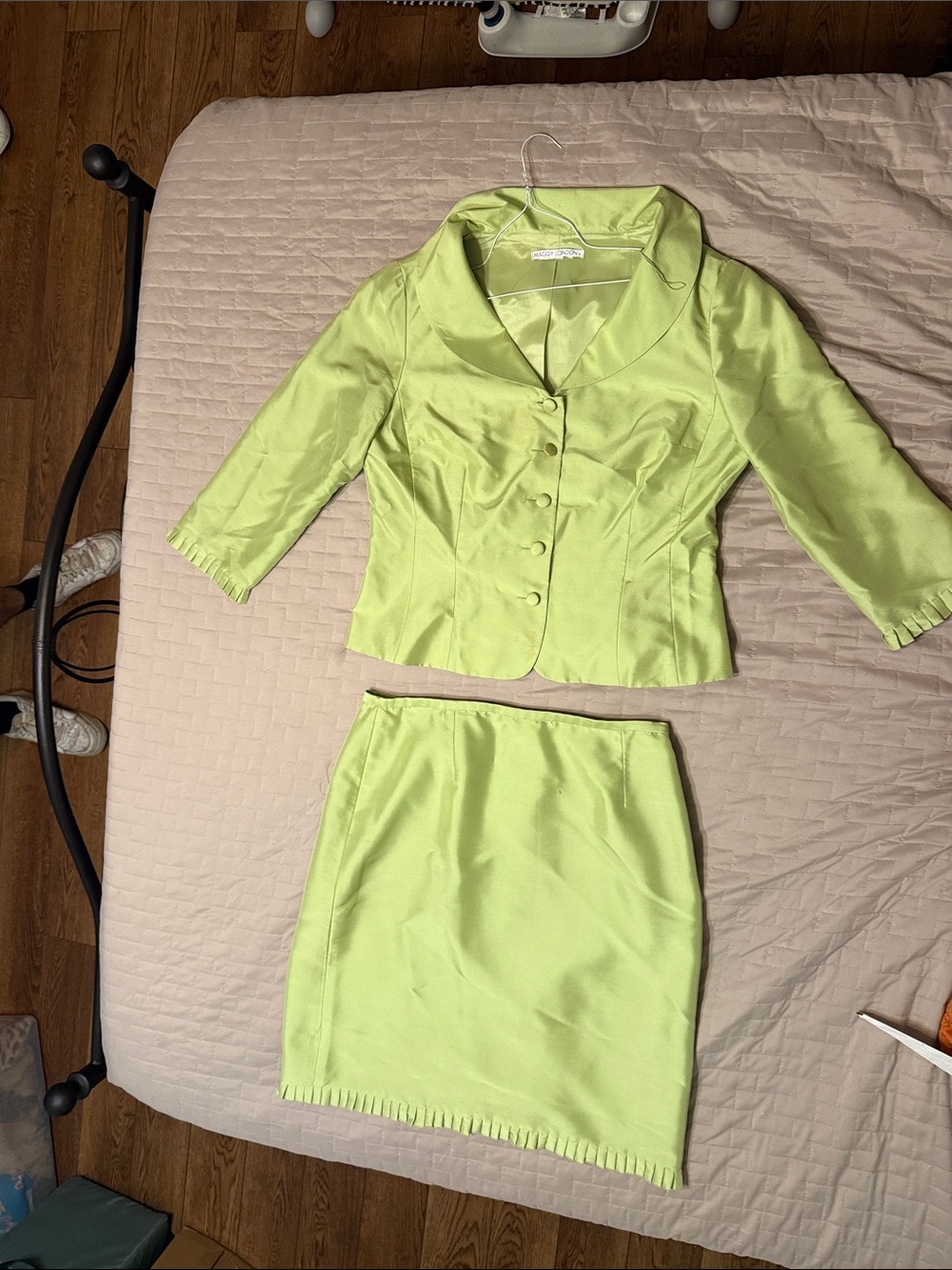 Vintage SILK Lime Green Satin Skirt Suit